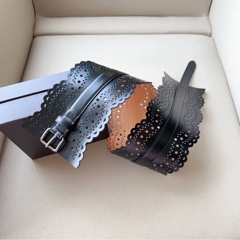 Alaïa Black Laser-Cut Scalloped Wide Leather Belt